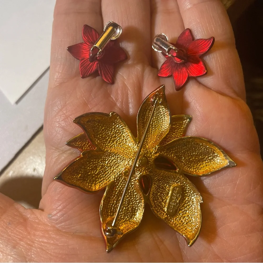 Eisenberg Poinsettia Ice Brooch Pin & Matching CLIP earrings signed